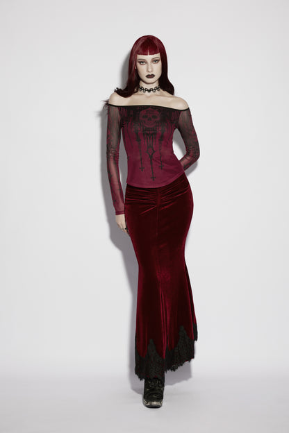 Punk Rave Morella Church Skull Blouse - Wine Red Mesh Off-Shoulder Top styled with mermaid skirt
