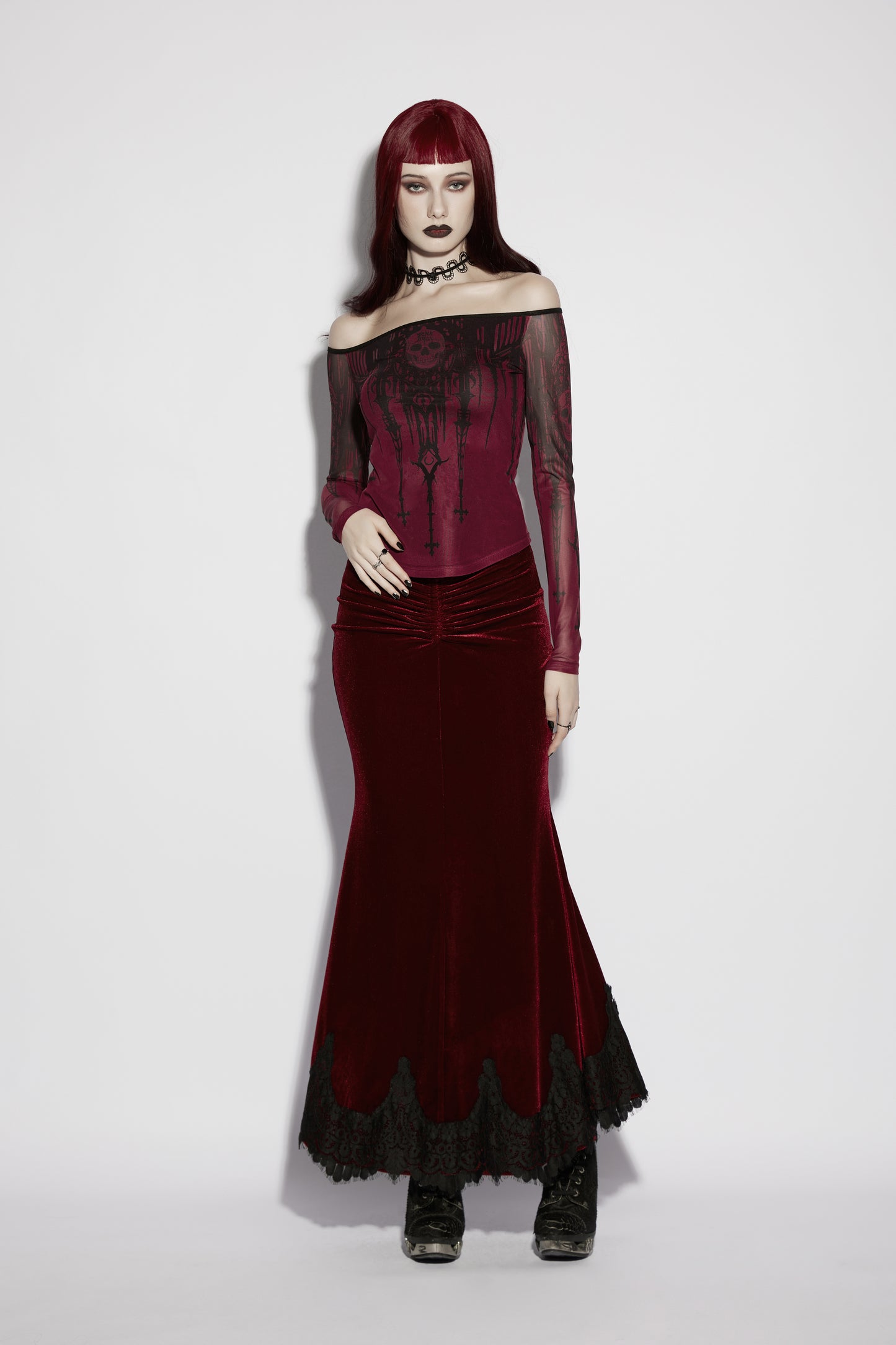 Punk Rave Morella Church Skull Blood Red  Top styled with mermaid skirt