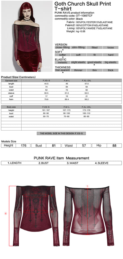 Punk Rave Morella Church Skull Blouse - Wine Red Mesh Off-Shoulder Top size chart