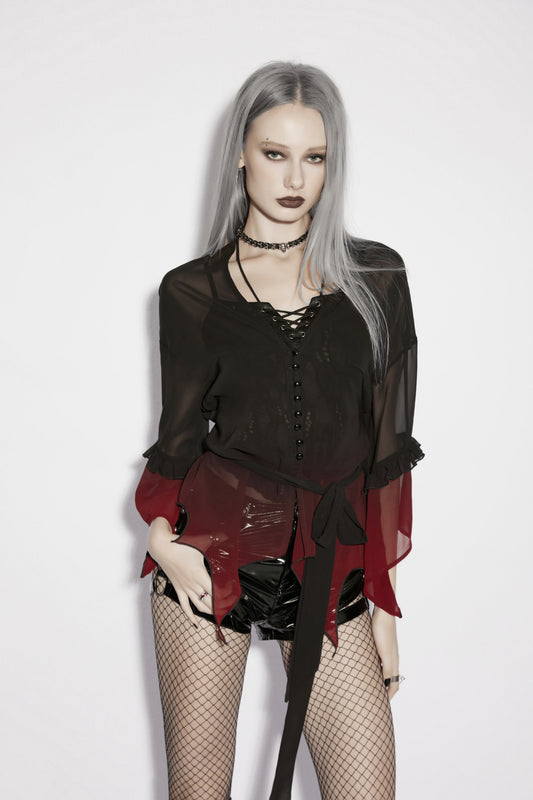 Punk Rave Morgana Gothic Sun Shirt - Black to Red Ombré Bat Wing Hem Cover Up