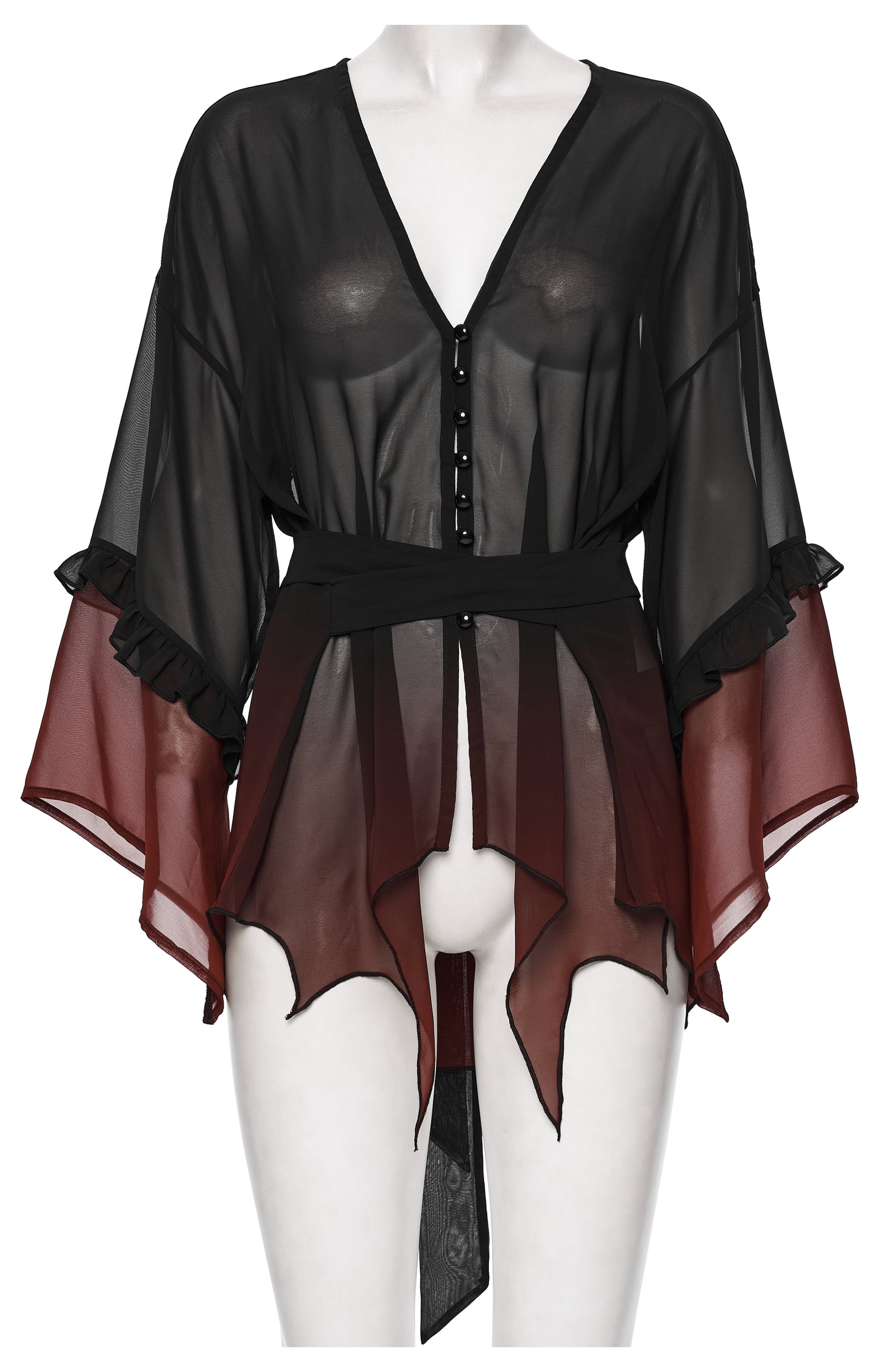 Punk Rave Morgana Gothic Sun Shirt - Black to Red Ombré Bat Wing Hem Cover Up on a mannequin