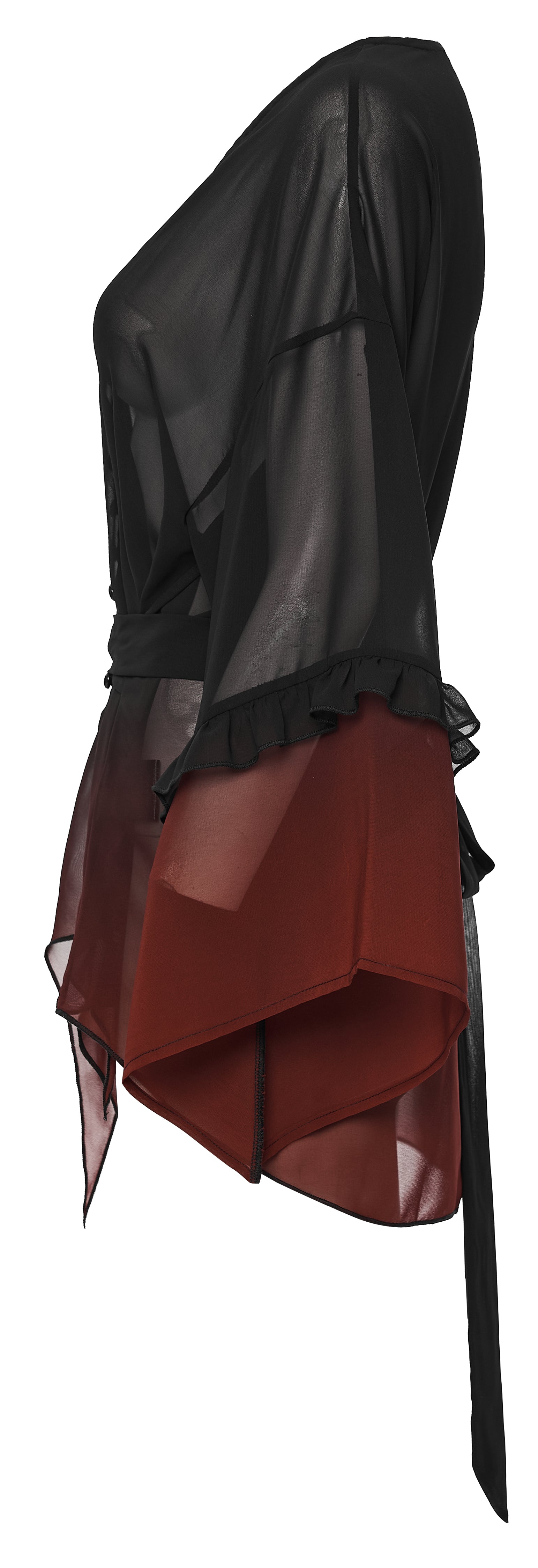 Punk Rave Morgana Gothic Sun Shirt - Black to Red Ombré Bat Wing Hem Cover Up on a mannequin side view