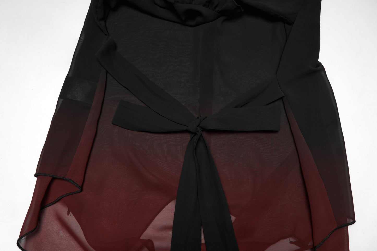 Punk Rave Morgana Gothic Sun Shirt - Black to Red Ombré Bat Wing Hem Cover Up waist tie closeup