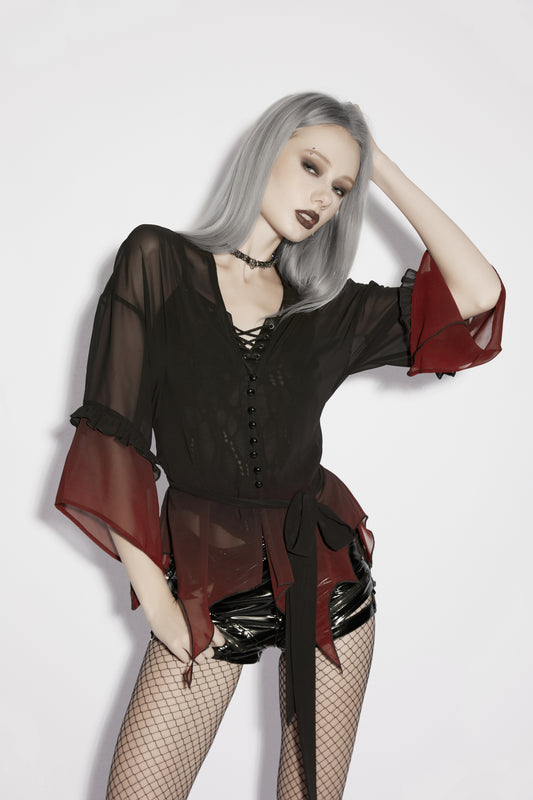 Punk Rave Morgana Gothic Sun Shirt - Black to Red Ombré Bat Wing Hem Cover Up on model