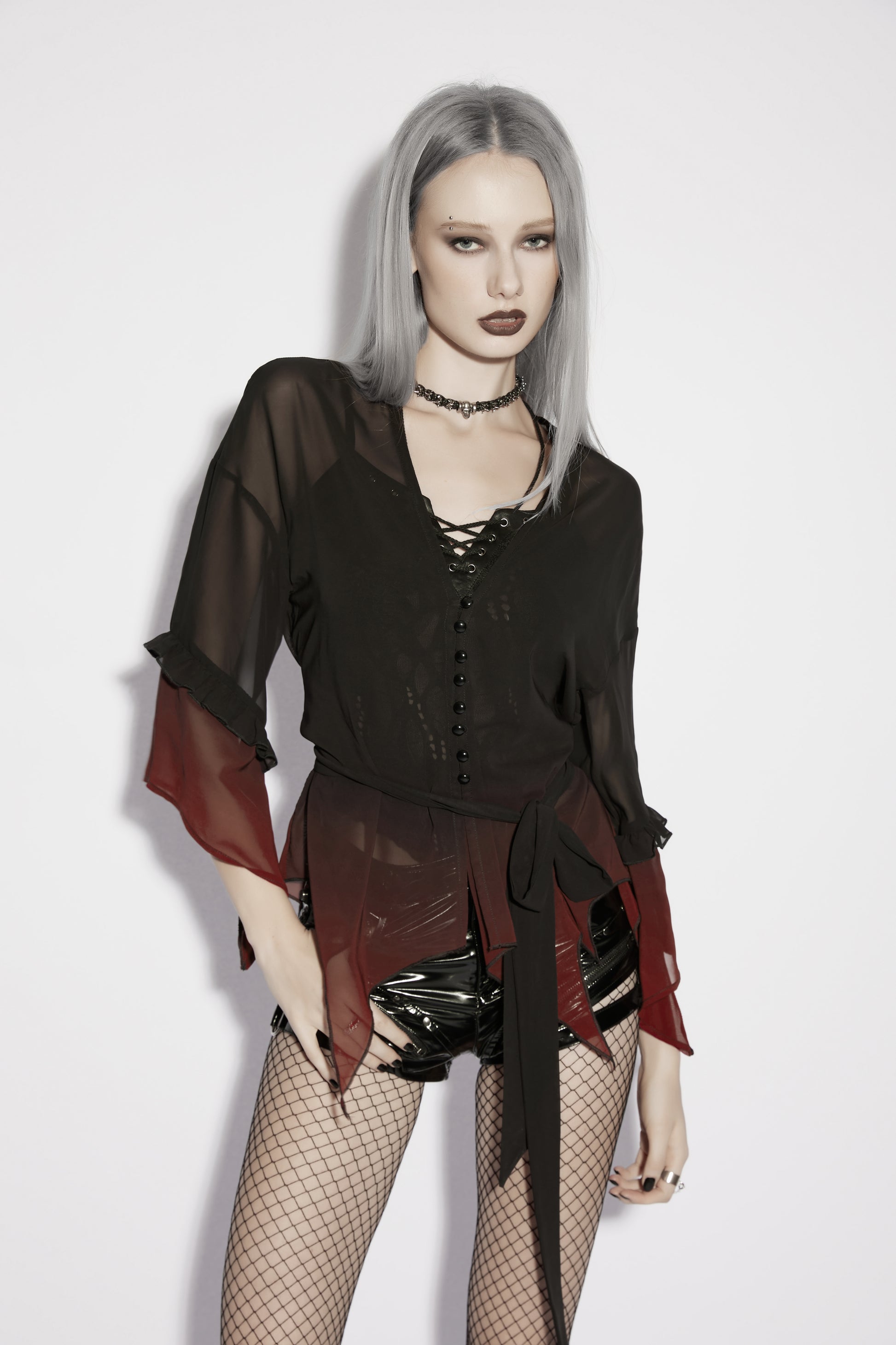 Punk Rave Morgana Gothic Sun Shirt - Black to Red Ombré Bat Wing Hem Cover Up styled with shorts