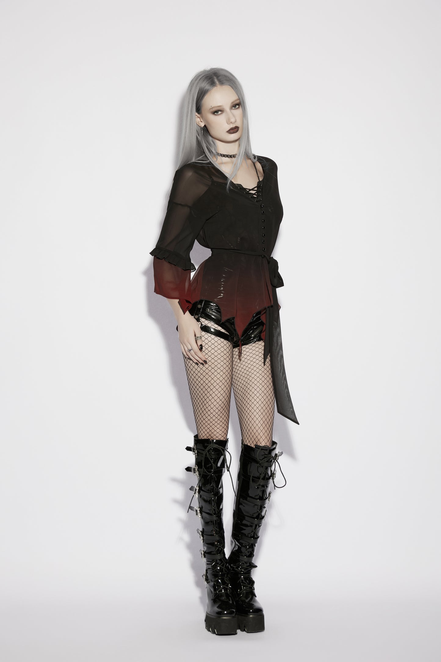 Punk Rave Morgana Gothic Sun Shirt - Black to Red Ombré Bat Wing Hem Cover Up side view