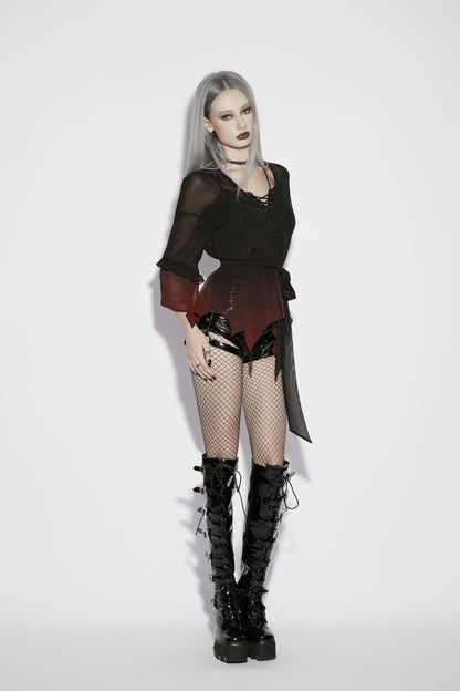 Punk Rave Morgana Gothic Sun Shirt - Black to Red Ombré Bat Wing Hem Cover Up side view