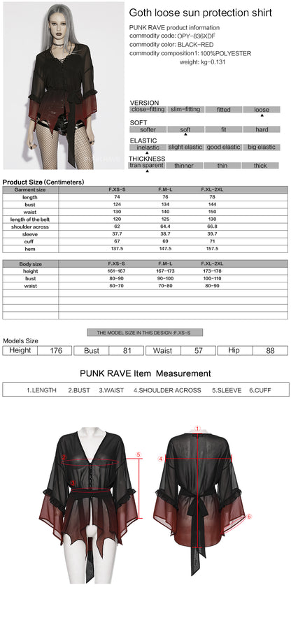 Punk Rave Morgana Gothic Sun Shirt - Black to Red Ombré Bat Wing Hem Cover Up size chart