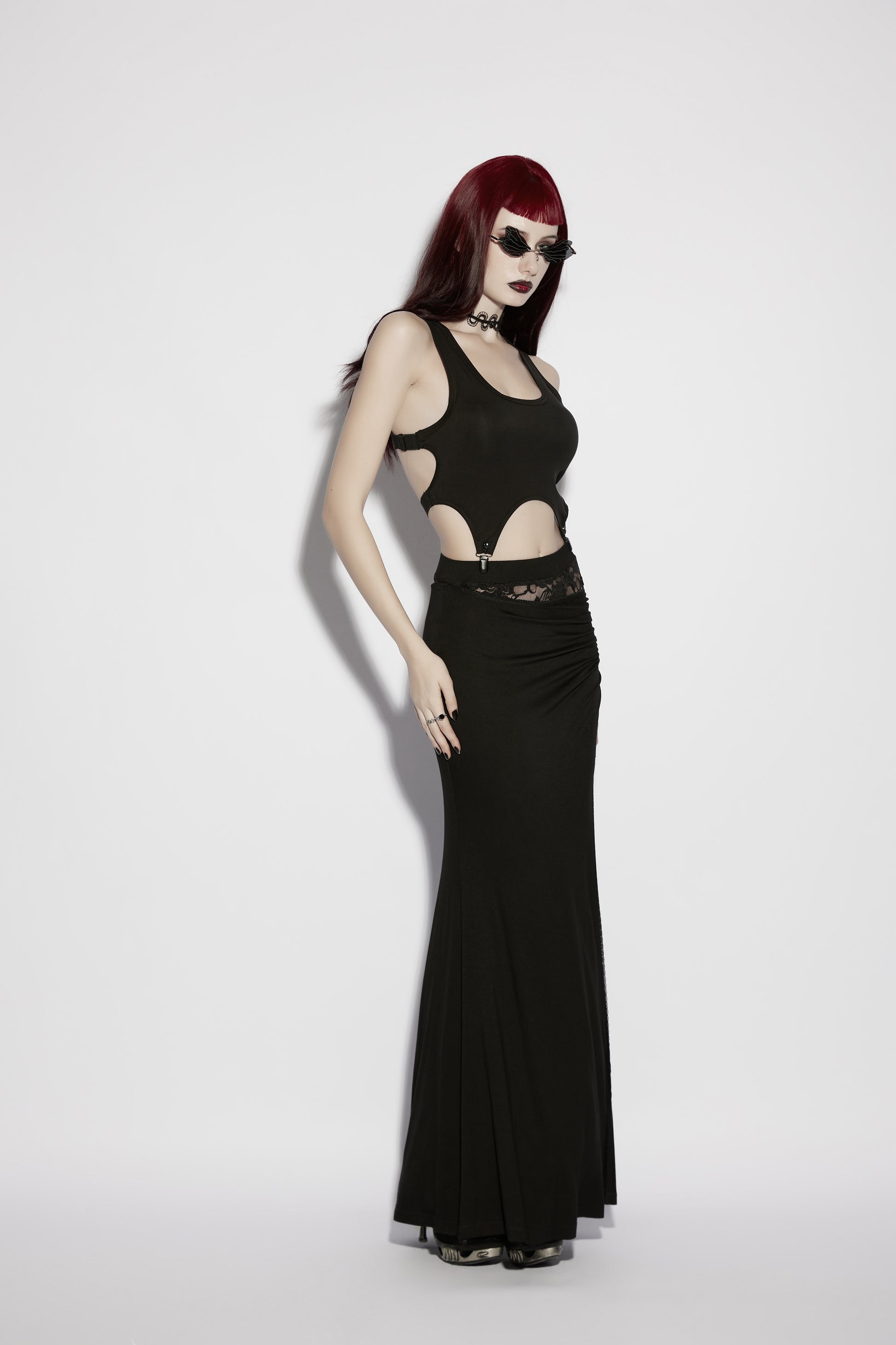 Punk Rave Nyx Skull Suspender Crop Top  side view styled