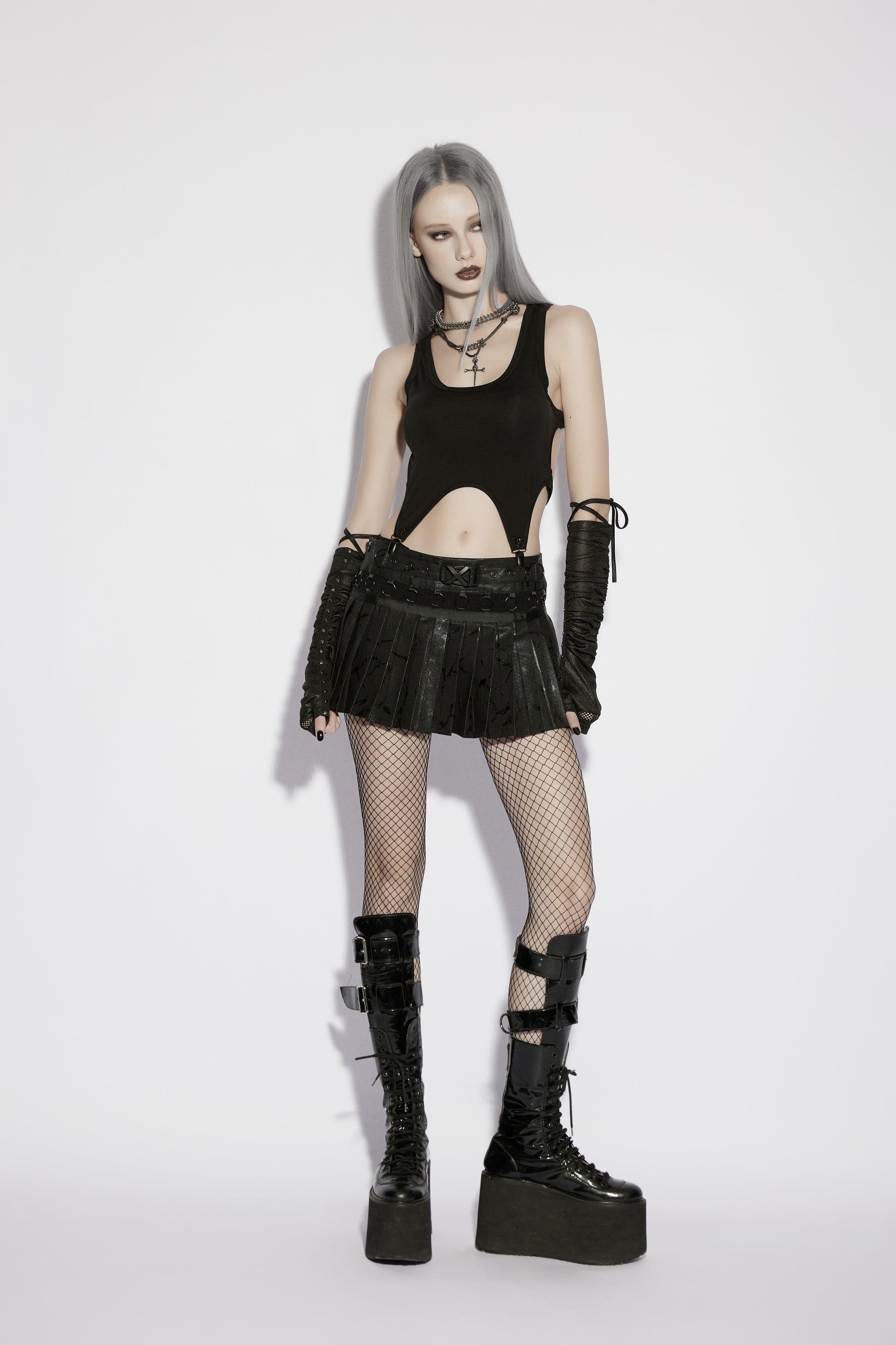 Punk Rave Nyx Skull Suspender Crop Top  on model