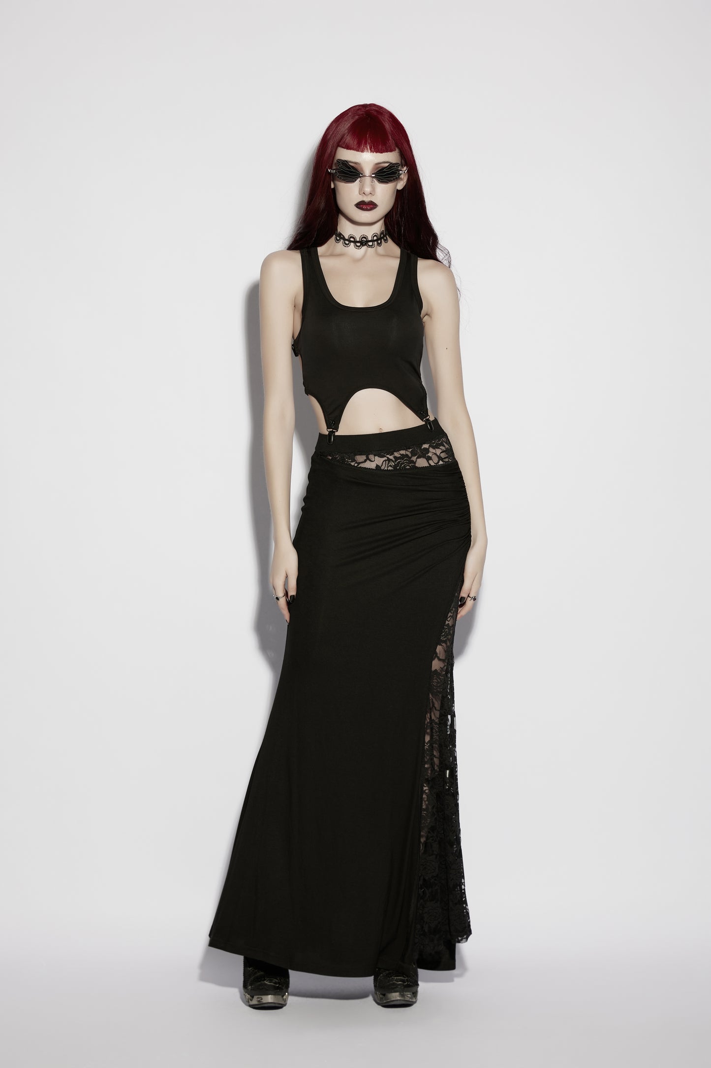 Punk Rave Nyx Skull Suspender Crop Top  styled with maxi skirt