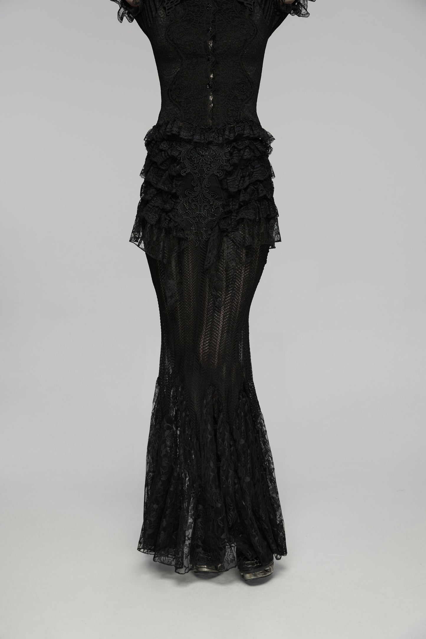 Punk Rave Rowena Gothic Fishtail Skirt - Layered Lace Mermaid Maxi