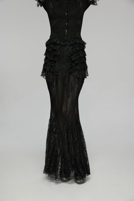 Punk Rave Rowena Gothic Fishtail Skirt - Layered Lace Mermaid Maxi