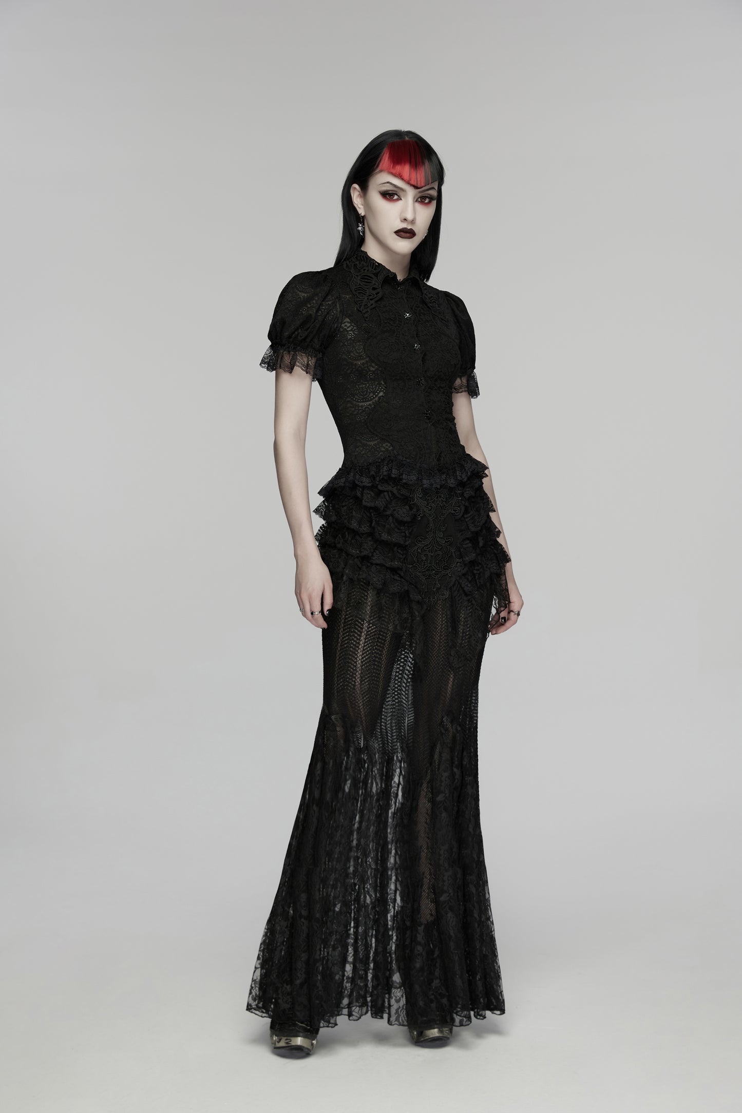 Punk Rave Rowena Gothic Fishtail Skirt - Layered Lace Mermaid Maxi styled