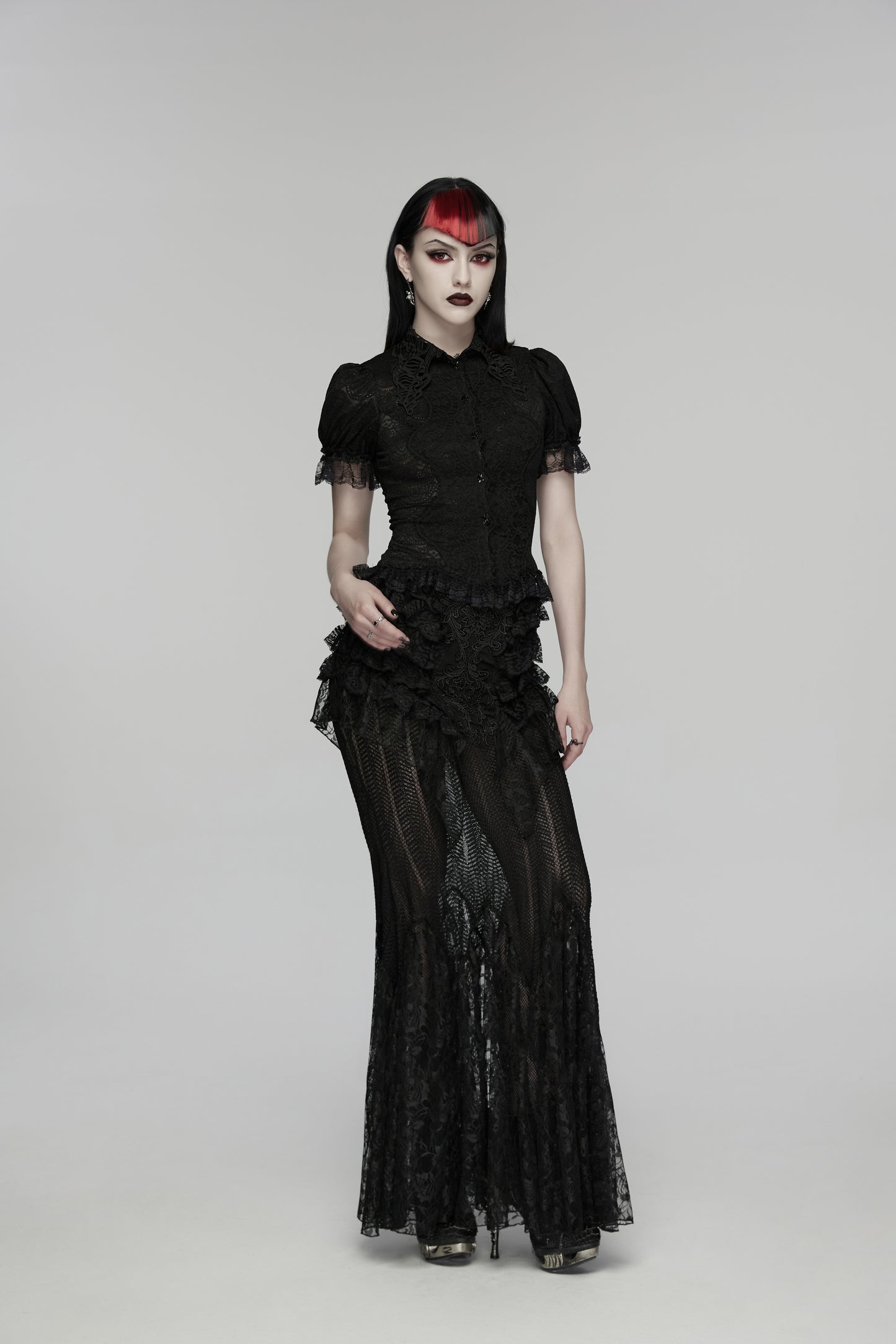 Punk Rave Rowena Gothic Fishtail Skirt - Layered Lace Mermaid Maxi