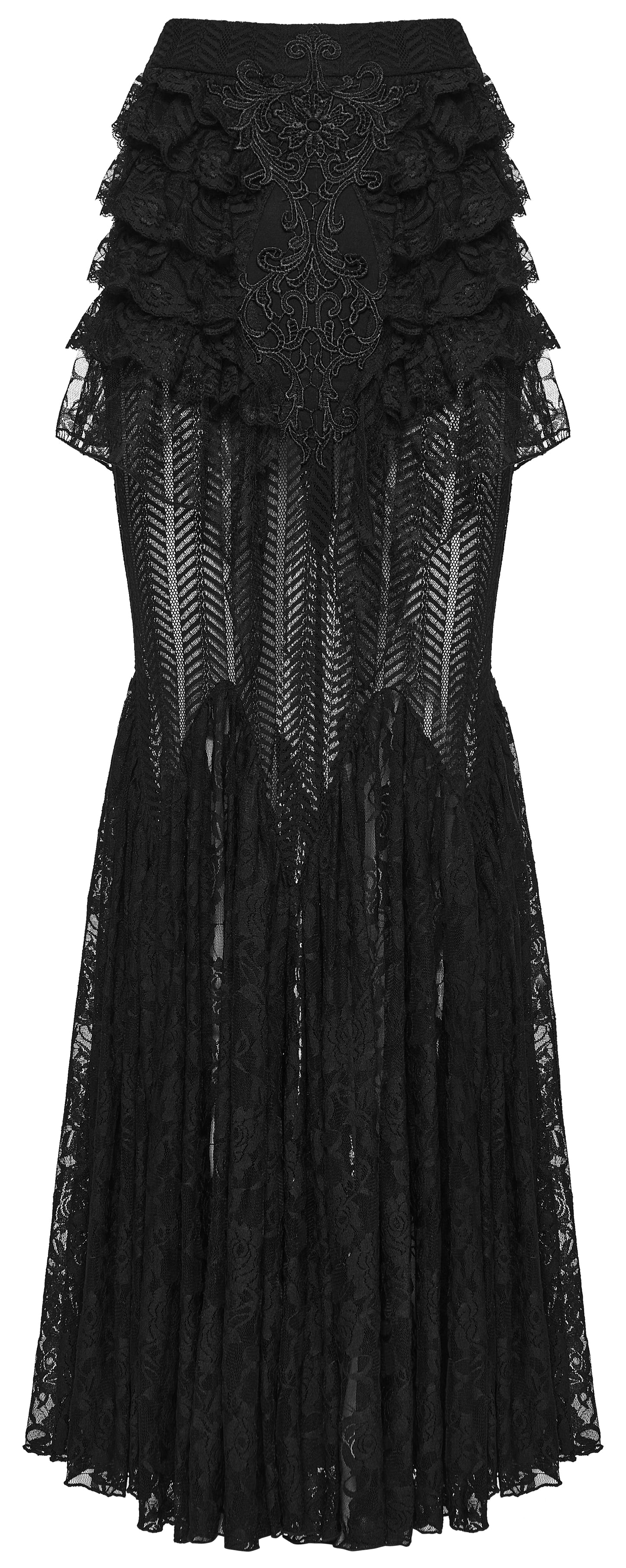 Punk Rave Rowena Gothic Fishtail Skirt - Layered Lace Mermaid Maxi front view detail