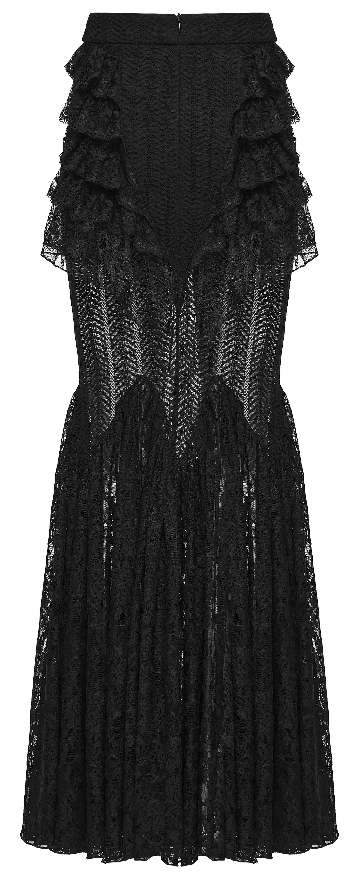 Punk Rave Rowena Gothic Fishtail Skirt - Layered Lace Mermaid Maxi back view detail
