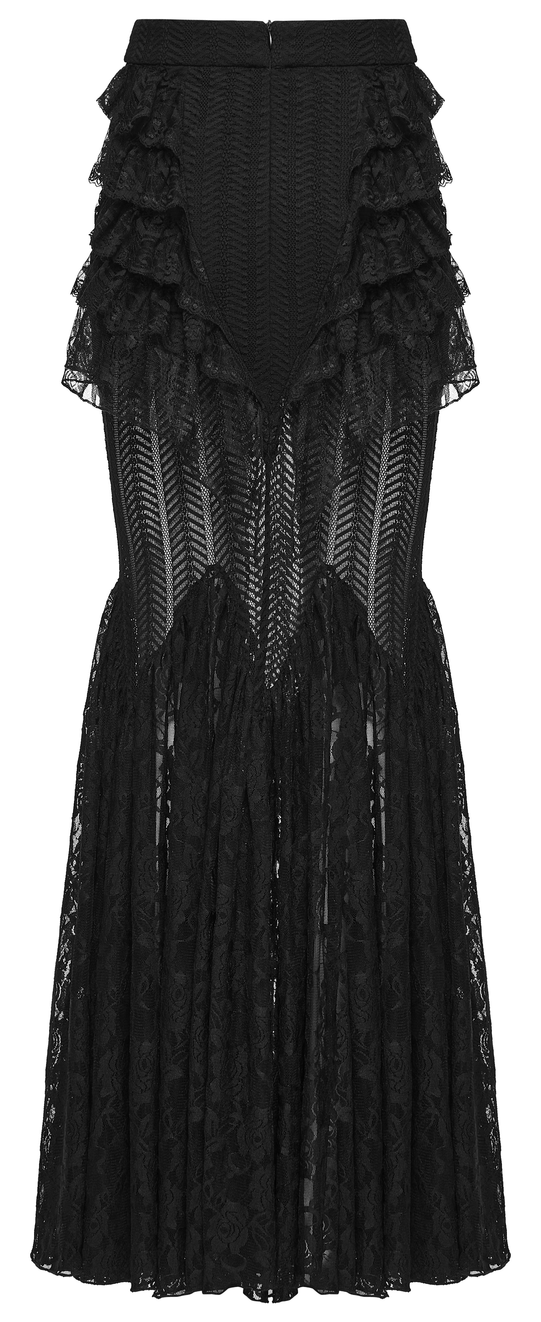Punk Rave Rowena Gothic Fishtail Skirt - Layered Lace Mermaid Maxi back view detail