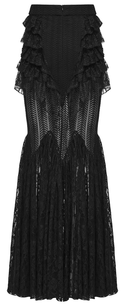 Punk Rave Rowena Gothic Fishtail Skirt - Layered Lace Mermaid Maxi back view detail