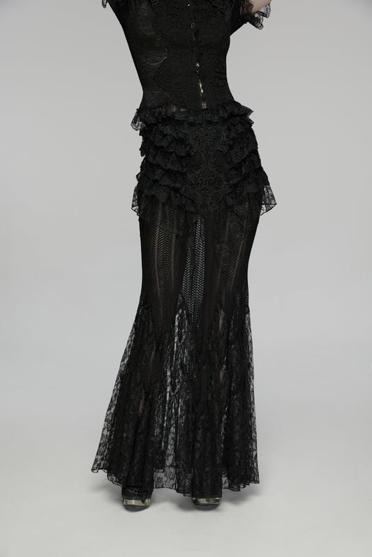 Punk Rave Rowena Gothic Fishtail Skirt - Layered Lace Black Mermaid Maxi 