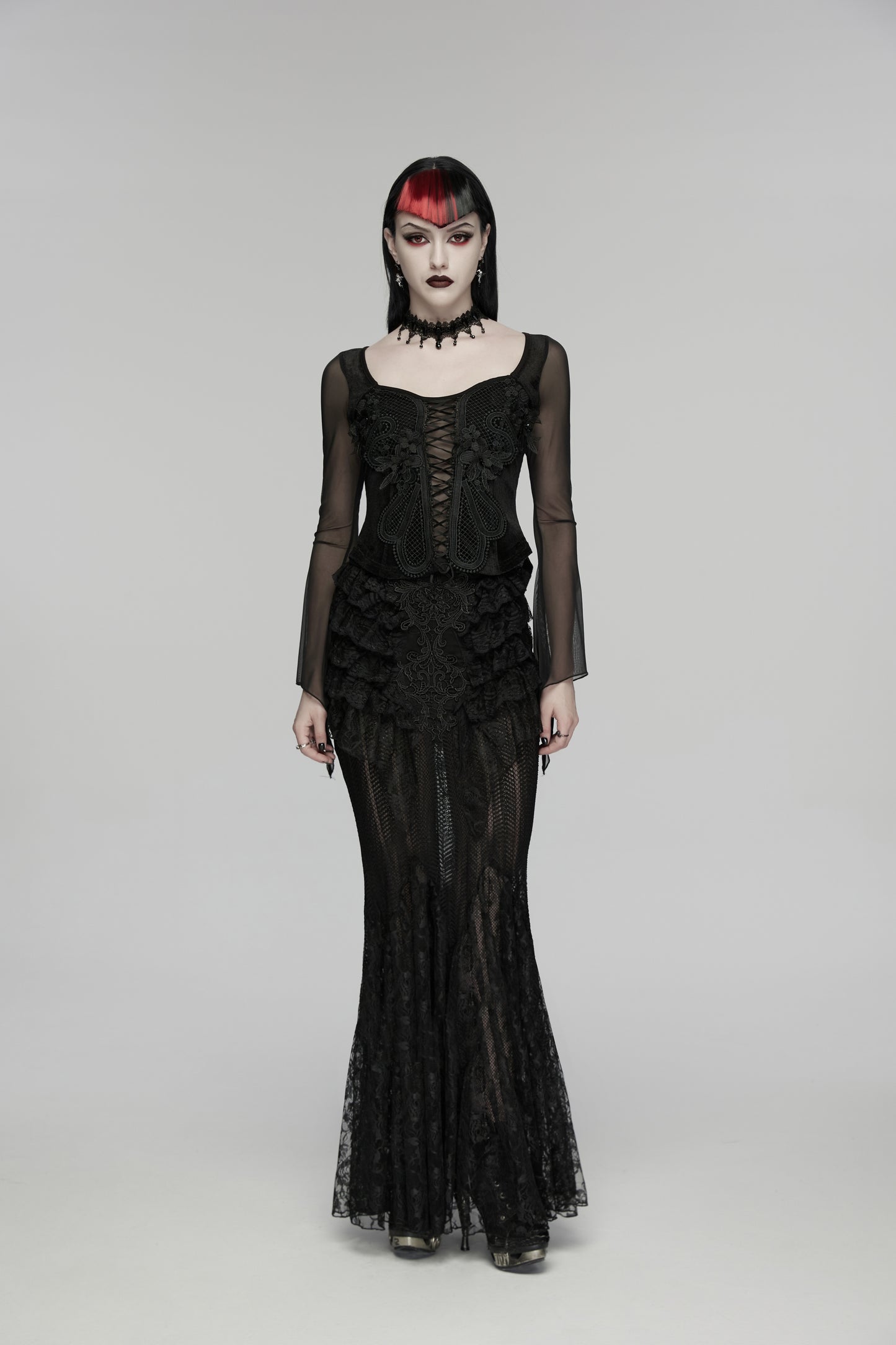 Punk Rave Rowena Gothic Fishtail Skirt - Layered Lace Mermaid Maxi on model