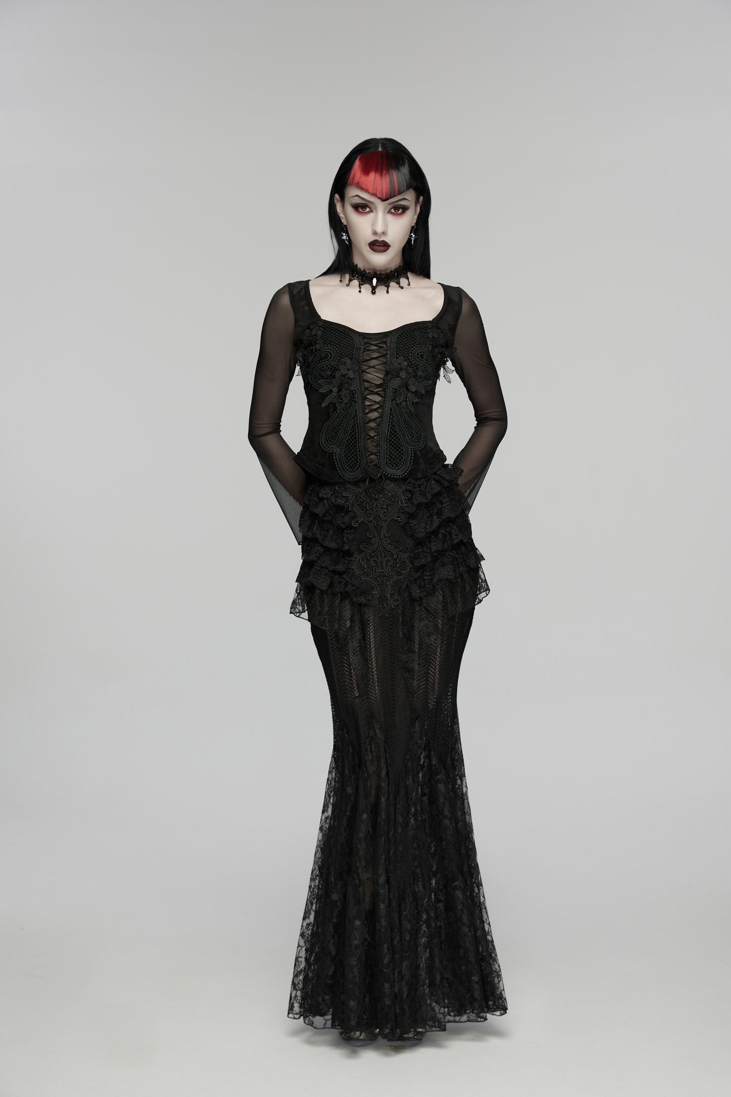 Punk Rave Rowena Gothic Fishtail Skirt - Layered Lace Mermaid Maxi alt view