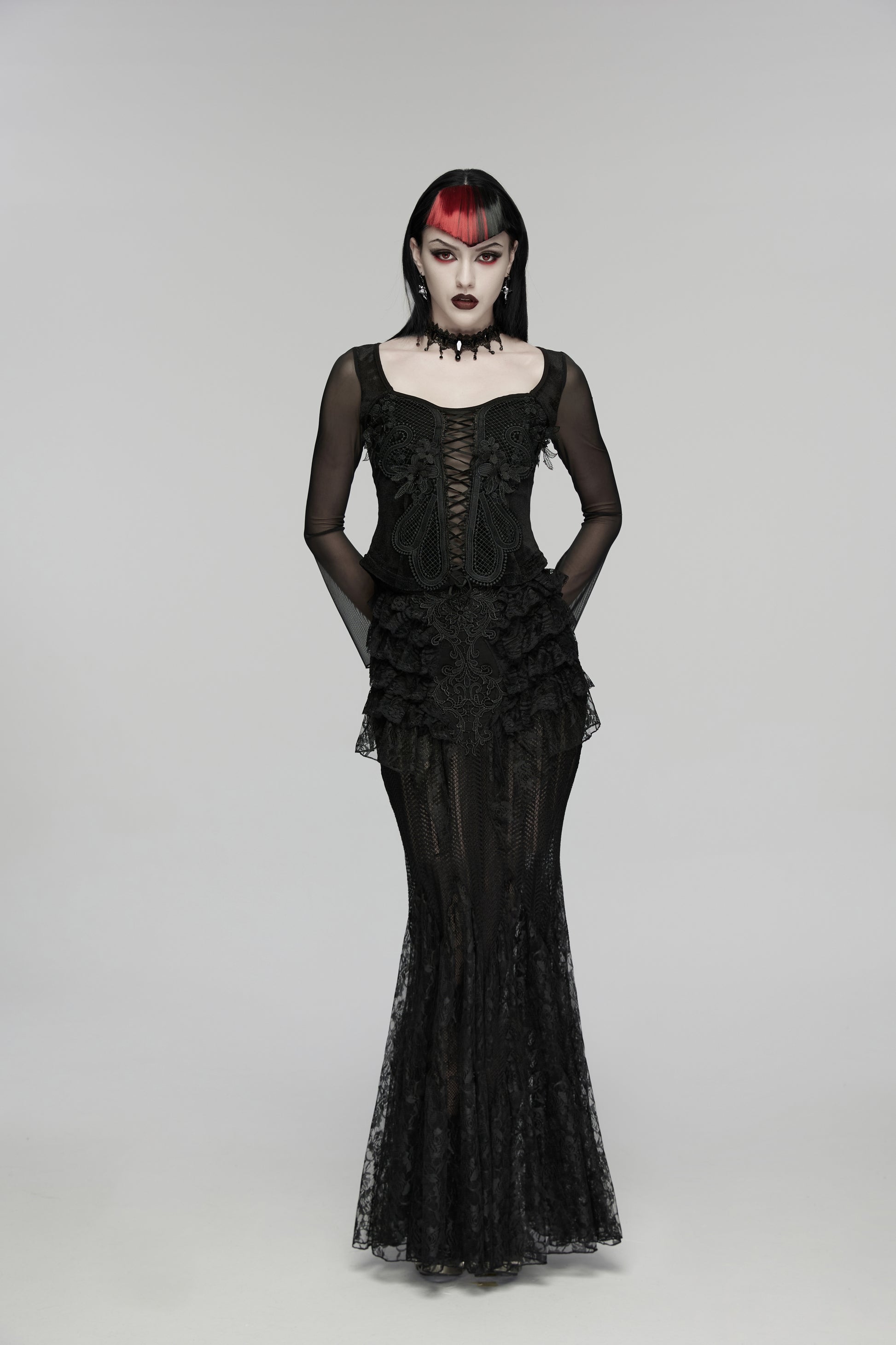 Punk Rave Rowena Gothic Fishtail Skirt - Layered Lace Mermaid Maxi alt view
