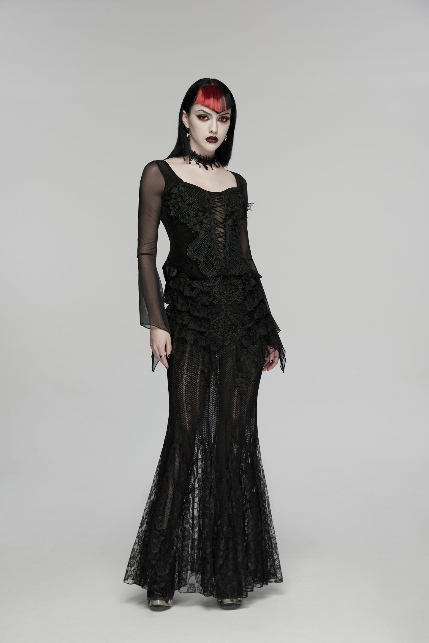 Punk Rave Rowena Gothic Fishtail Skirt - Layered Lace Mermaid Maxi full length view
