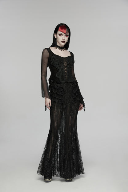 Punk Rave Rowena Gothic Fishtail Skirt - Layered Lace Mermaid Maxi full length view
