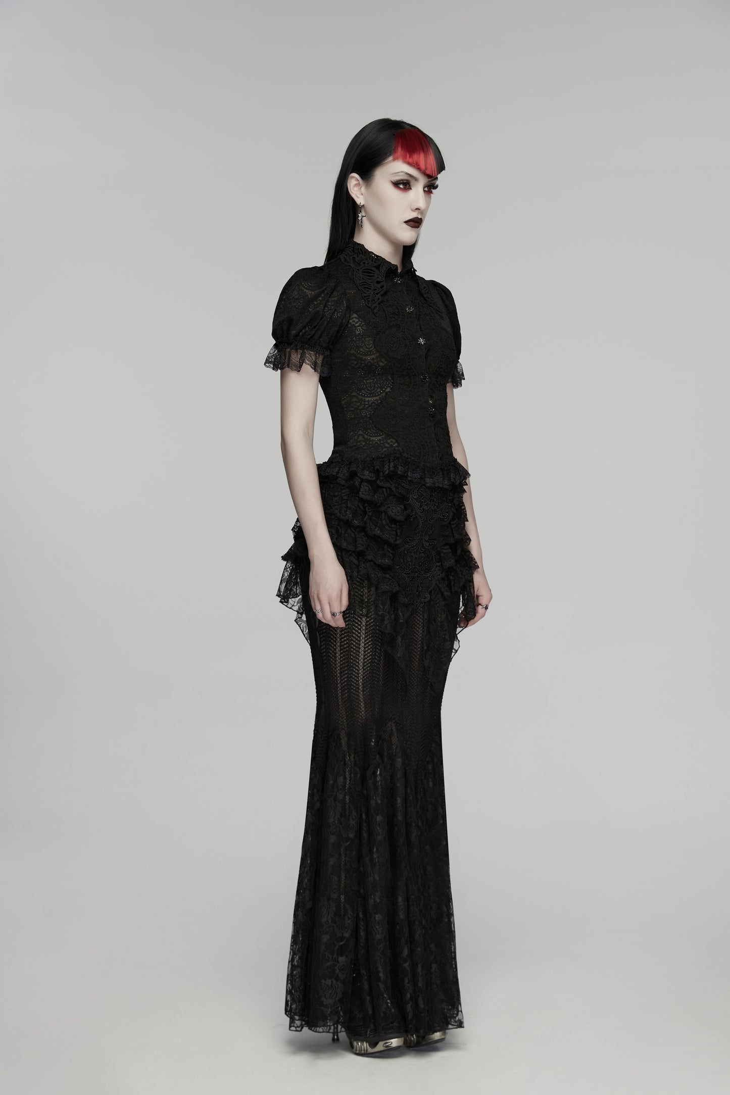 Punk Rave Rowena Gothic Fishtail Skirt - Layered Lace Mermaid Maxi side view