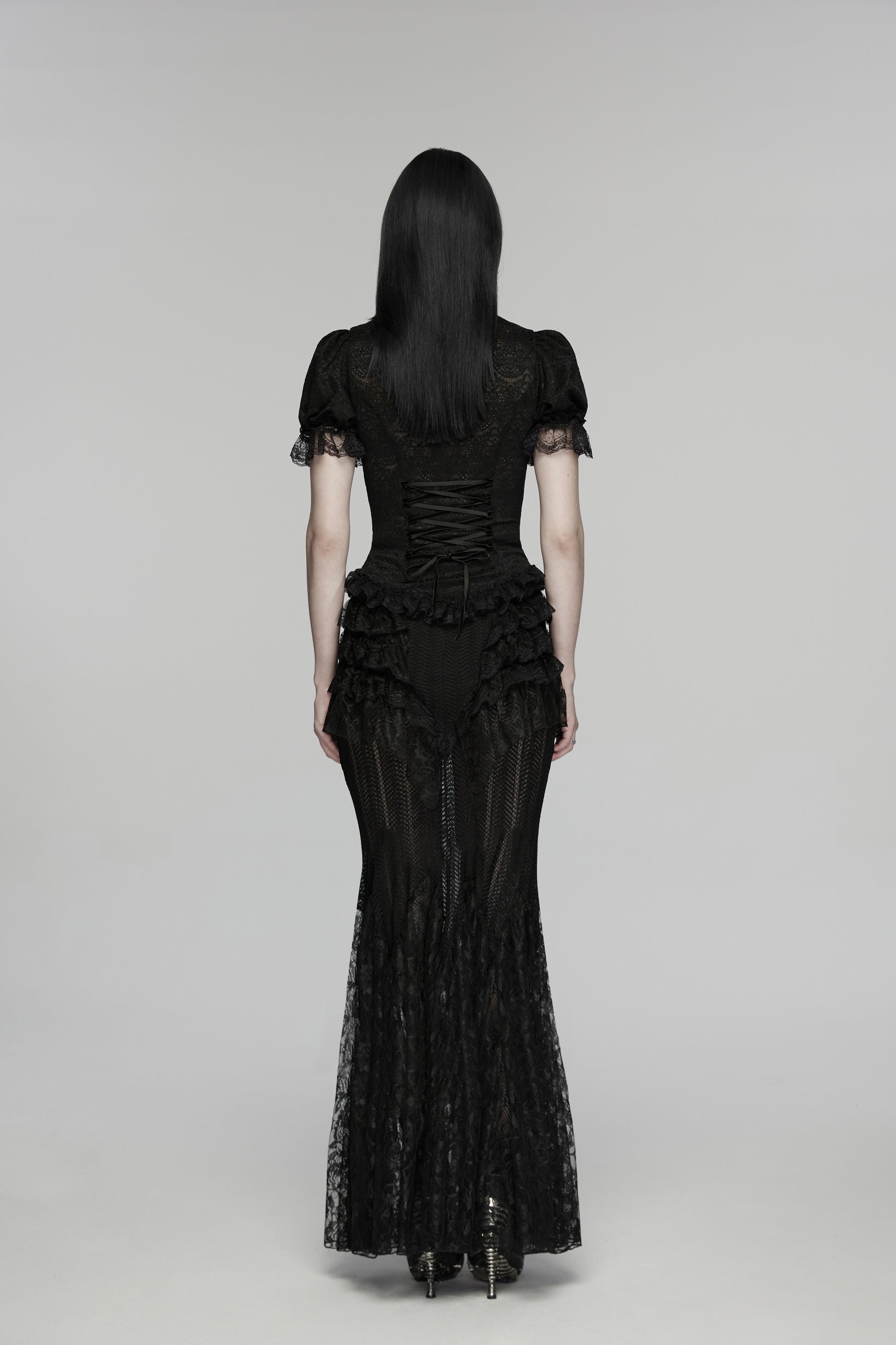 Punk Rave Rowena Gothic Fishtail Skirt - Layered Lace Mermaid Maxi back view