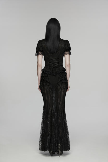 Punk Rave Rowena Gothic Fishtail Skirt - Layered Lace Mermaid Maxi back view