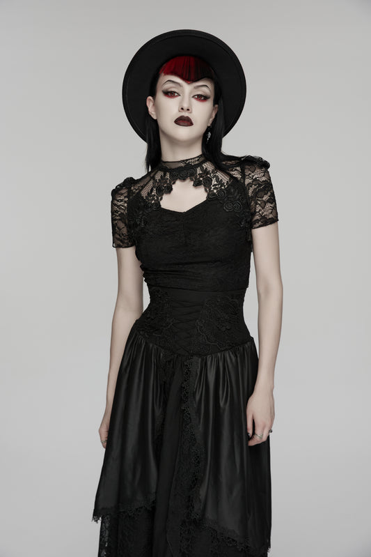 Punk Rave Selene black lace shirt with rose embroidery