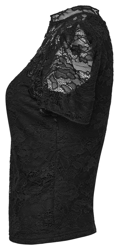 Intricate floral lace detail on black Punk Rave top