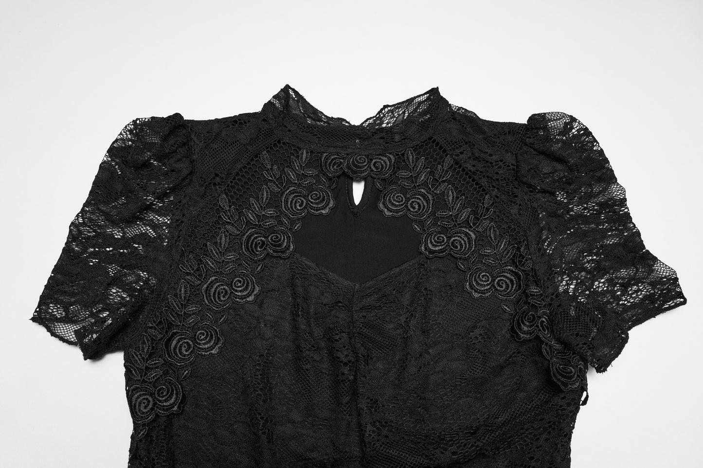 Punk Rave feminine Goth top with sheer lace shoulders