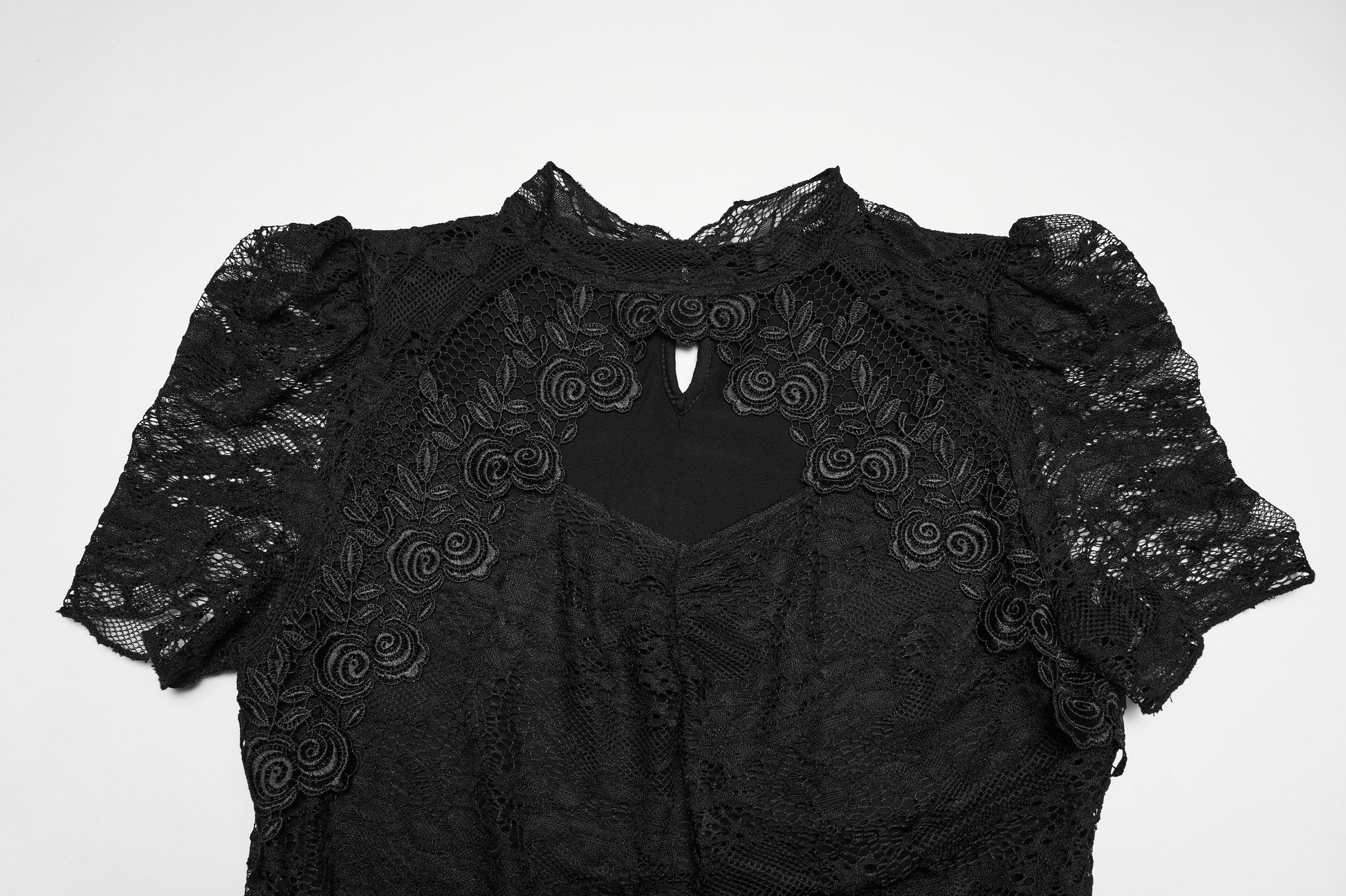 Punk Rave feminine Goth top with sheer lace shoulders
