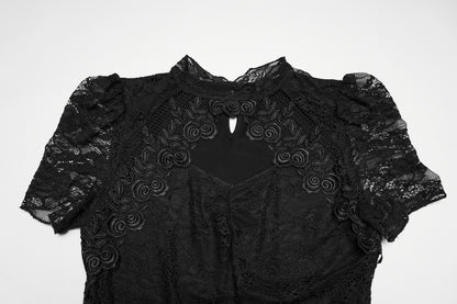 Punk Rave feminine Goth top with sheer lace shoulders
