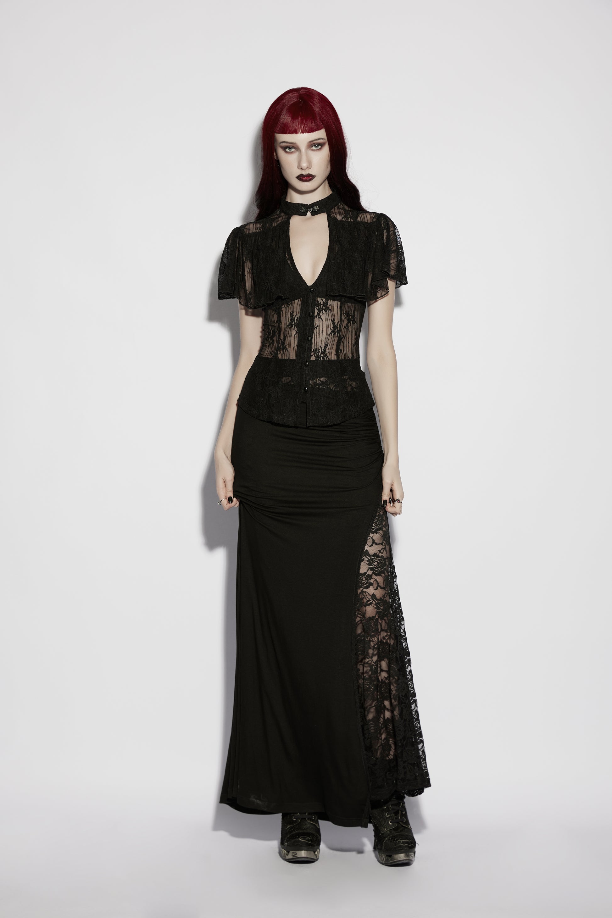 Punk Rave Seraphina Floral Gothic Lace Shirt styled with Goth Maxi Skirt