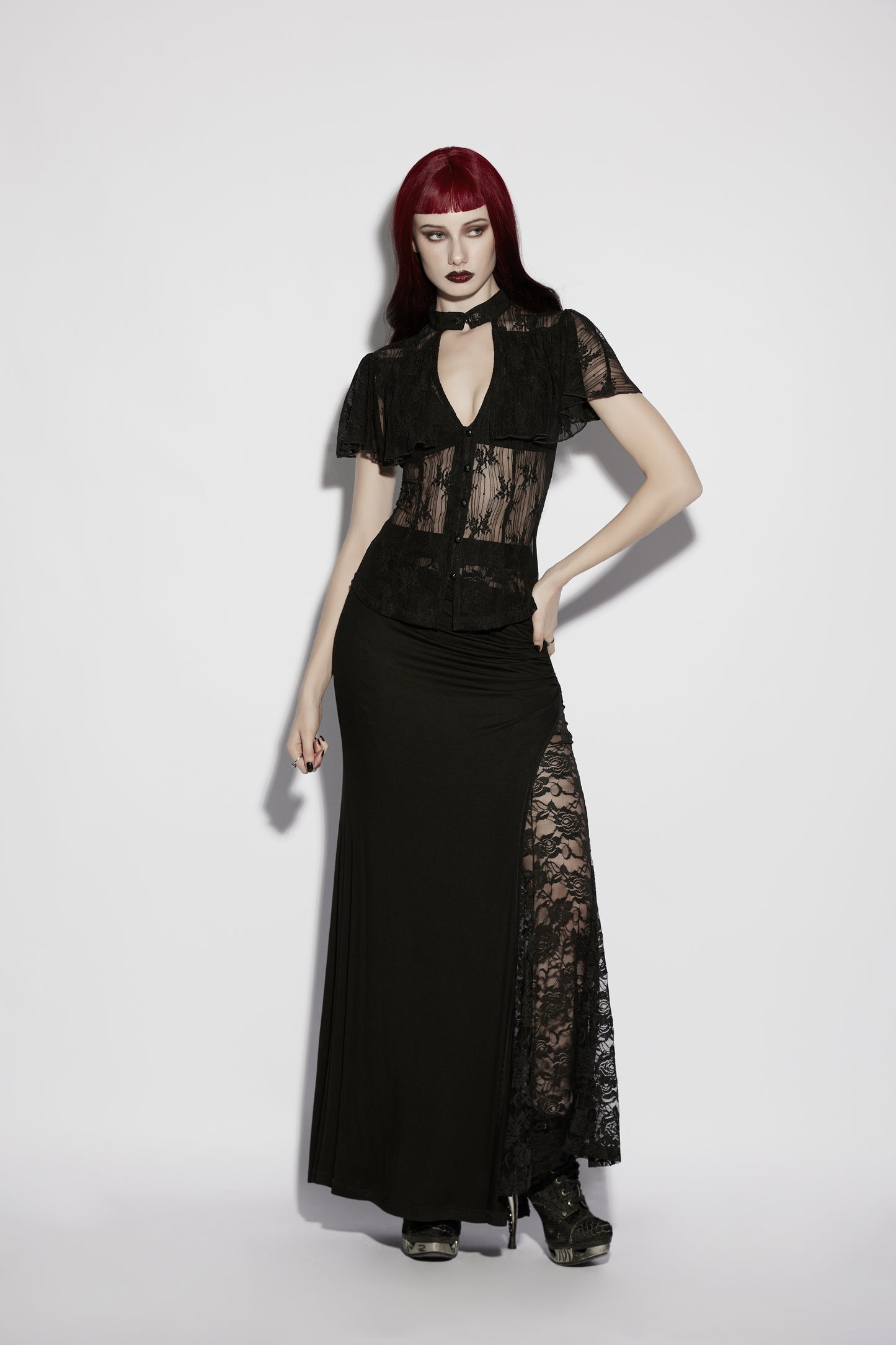 Punk Rave Seraphina Floral Gothic Lace Shirt on model