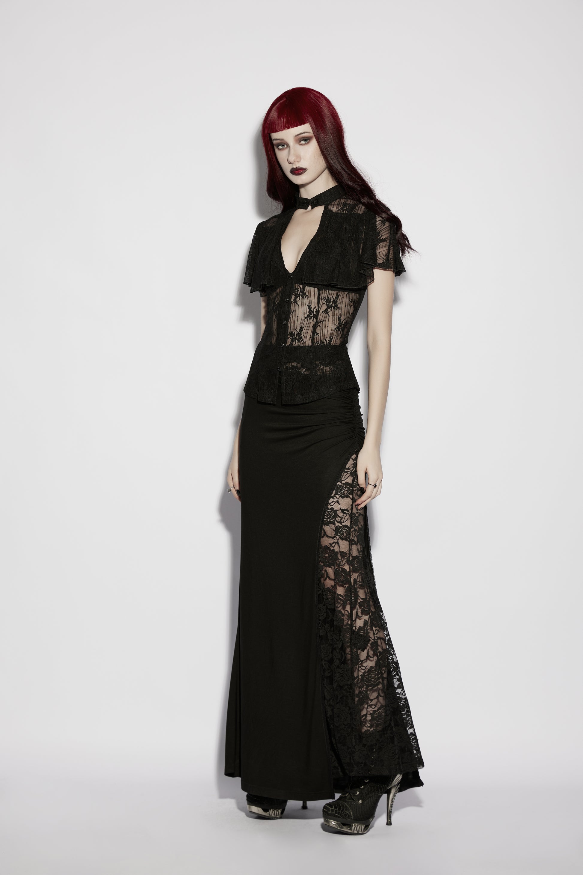 Punk Rave Seraphina Floral Gothic Lace Shirt with matching skirt