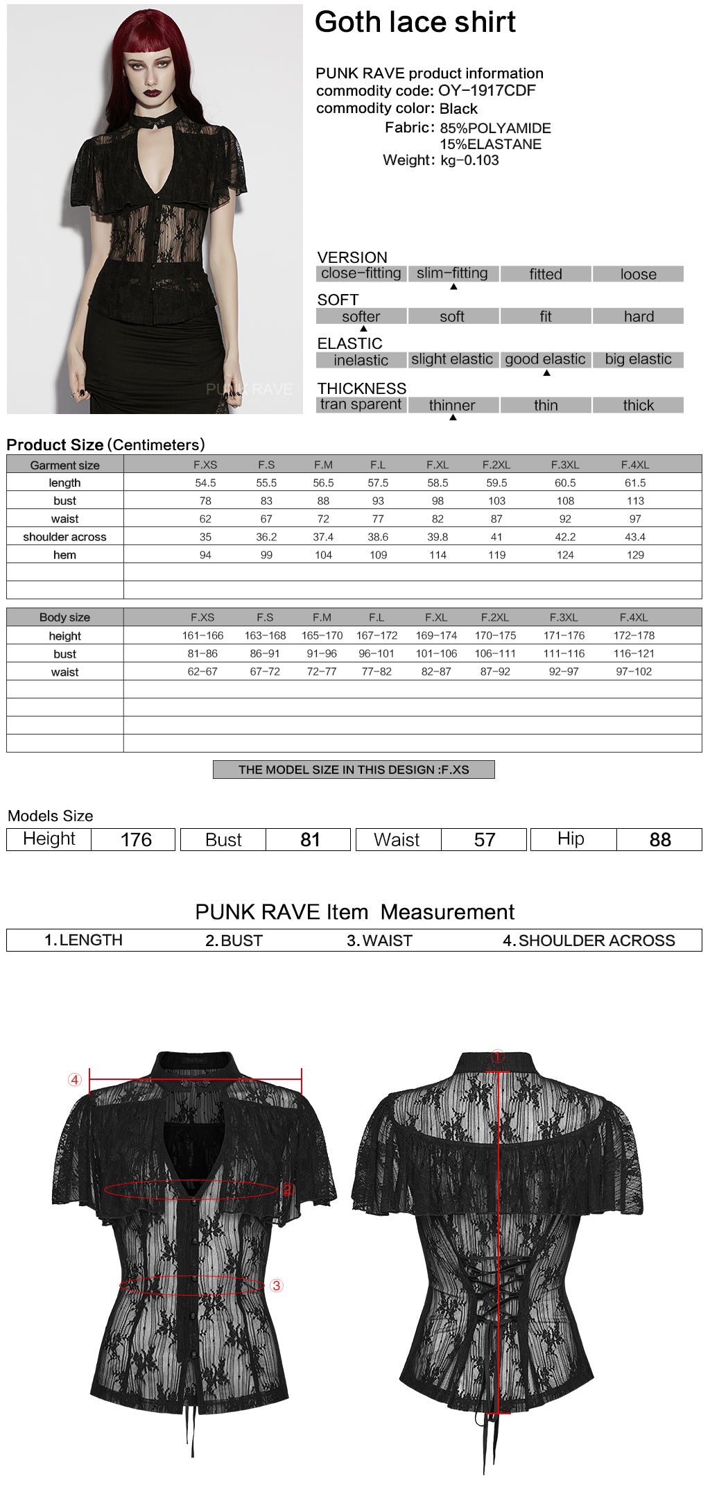 Punk Rave Seraphina Floral Gothic Lace Shirt Size Chart