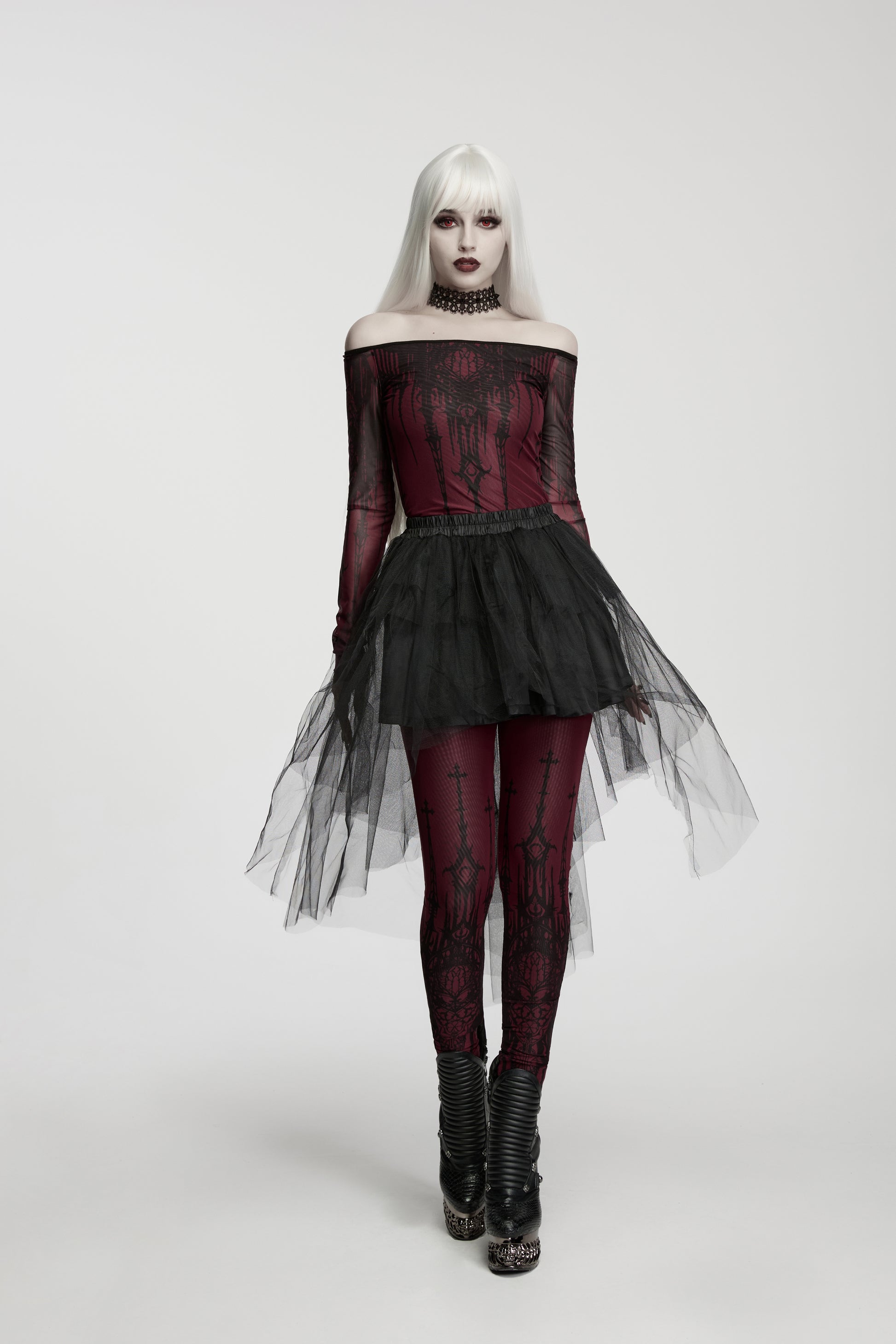 Punk Rave Morella Church Skull Leggings Styled with Skirt
