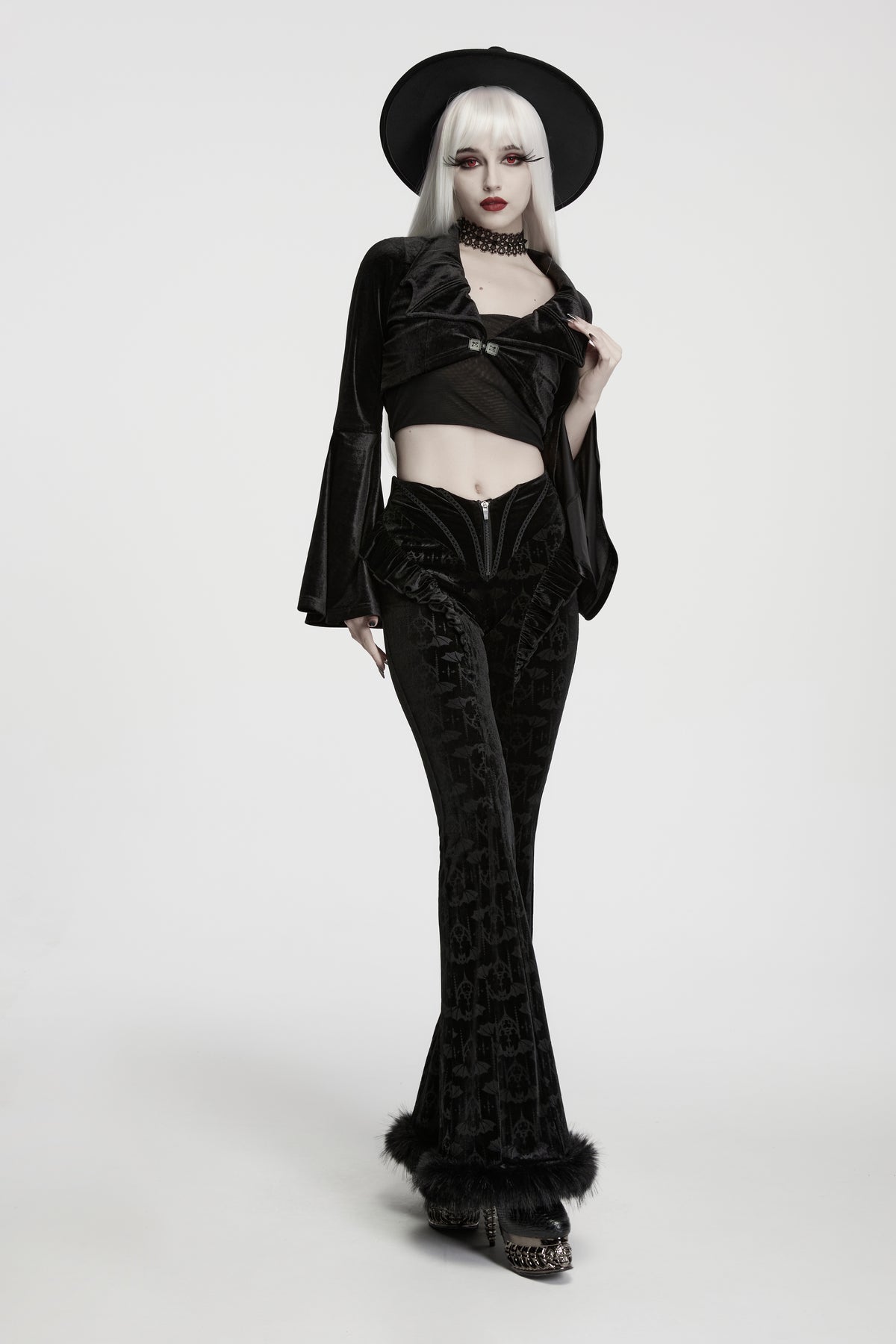 Punk Rave Vespera Black Goth Bat Velvet Flares styled on a alternative model