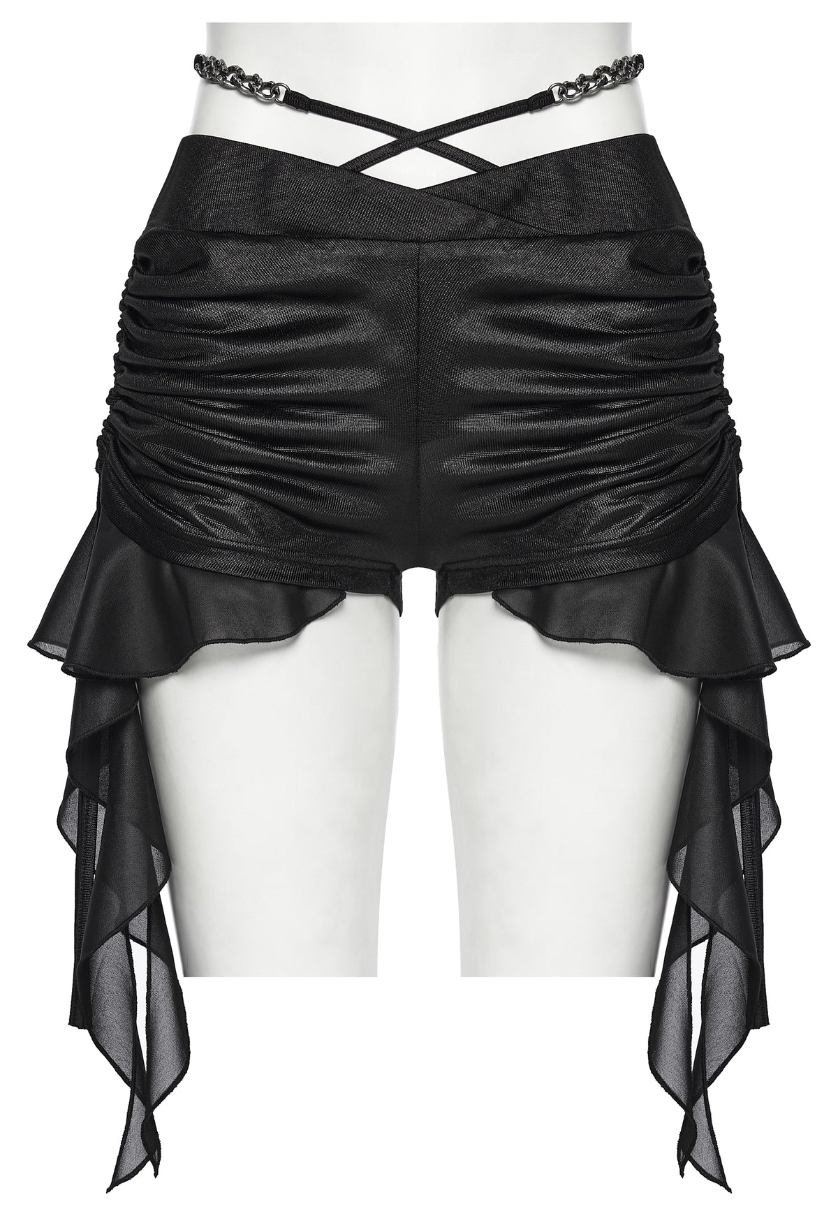 Punk Rave Vespera Chain Goth Shorts with chiffon ruffles front view