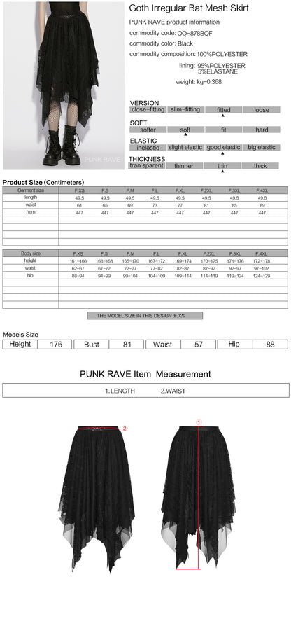 Punk Rave Vespera High Waist Bat Wing Mesh Skirt Size Chart