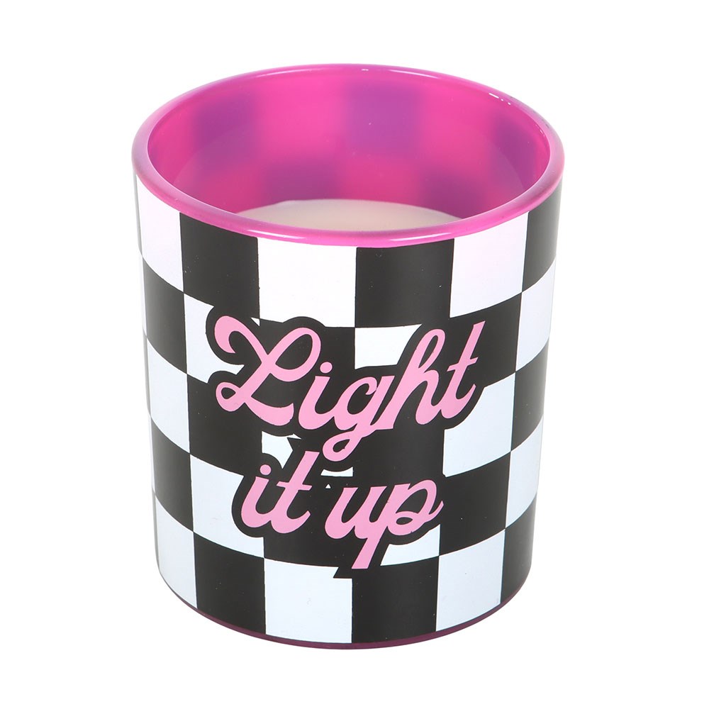 Strawberry vanilla candle in a black and white checkerboard holder with pink typography saying 'Light it up'.