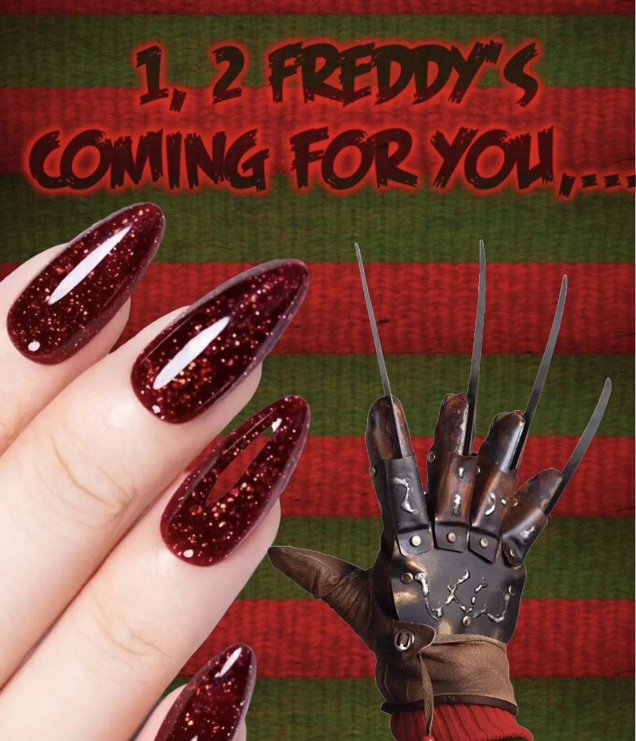 Radioactive Unicorn 1, 2 Freddy's Coming For You deep red glitter nail polish vegan