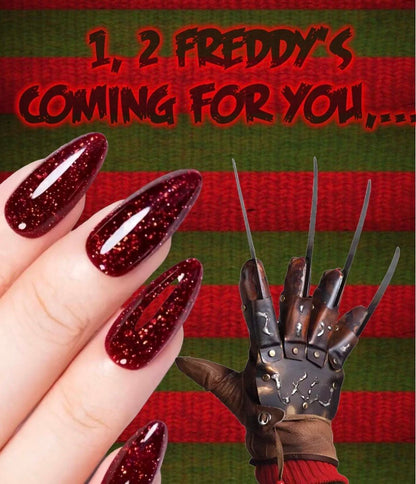 Radioactive Unicorn 1, 2 Freddy's Coming For You deep red glitter nail polish vegan