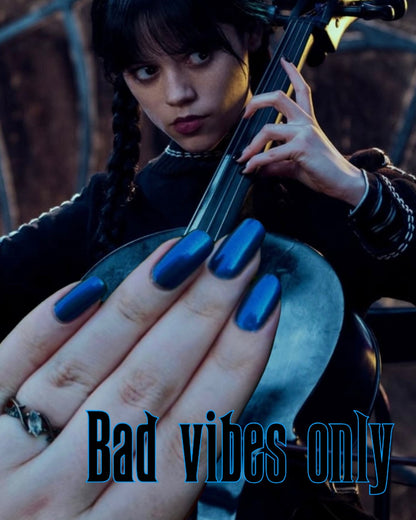 Radioactive Unicorn Bad Vibes intense electric blue shimmering liquid look nail polish vegan