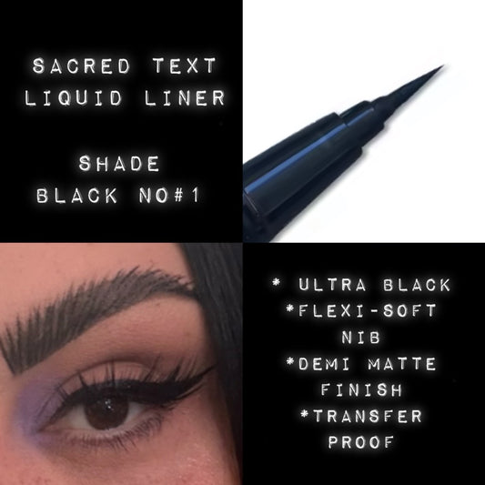 Sacred Text Liquid Liner with product details and an example of use on an eye.